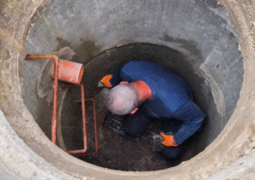 a plumber inside a drain hole conducting an inspection