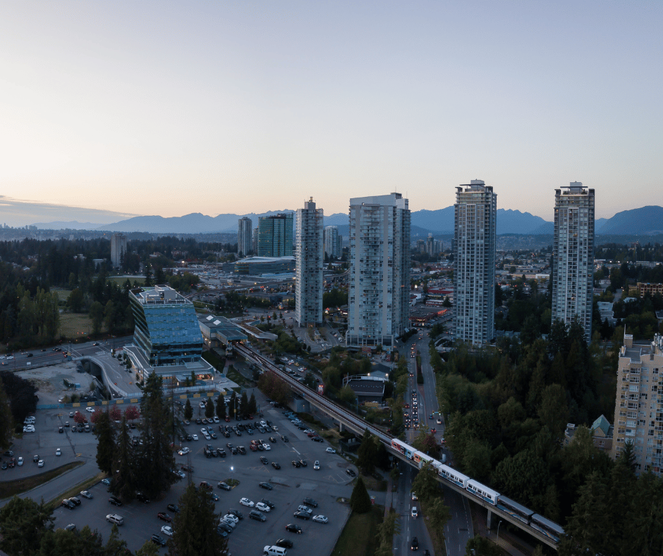 an aerial image of Surrey, BC, downtown area