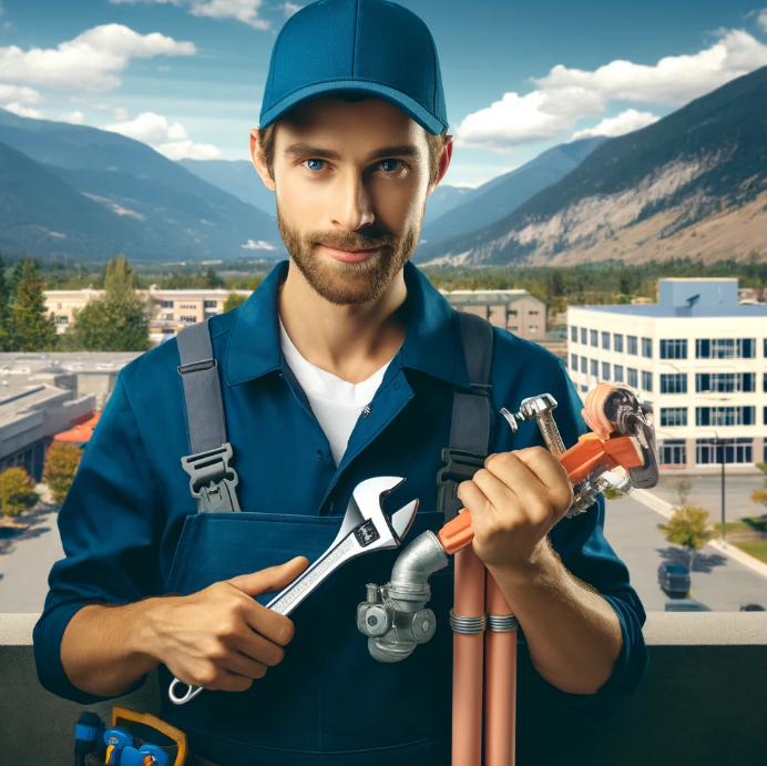 A plumber in a blue uniform, focused on fixing a pipe, with the beautiful Kamloops scenery in the background.