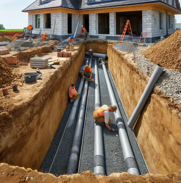 a photo showing the installation of drain tiles around a house foundation. This image illustrates workers in construction gear carefully placing perforated pipes into a trench filled with gravel, capturing the process in a residential neighborhood setting.