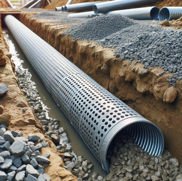 A photo showing a close-up, detailed view of drain tile. This image captures the perforated pipes laid in a gravel-filled trench.
