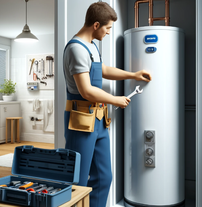 An image of a plumber repairing a water heater.